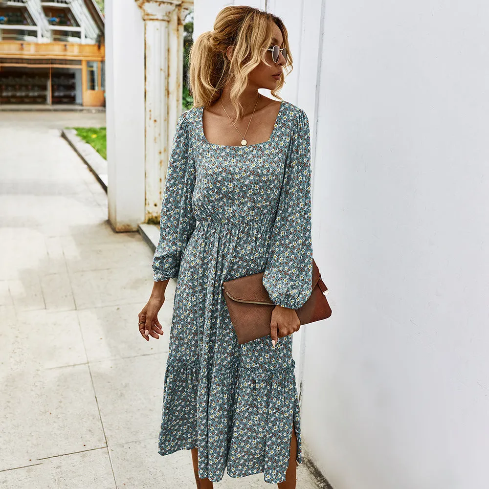 Elegant Retro Square Collar Floral Midi Dresses