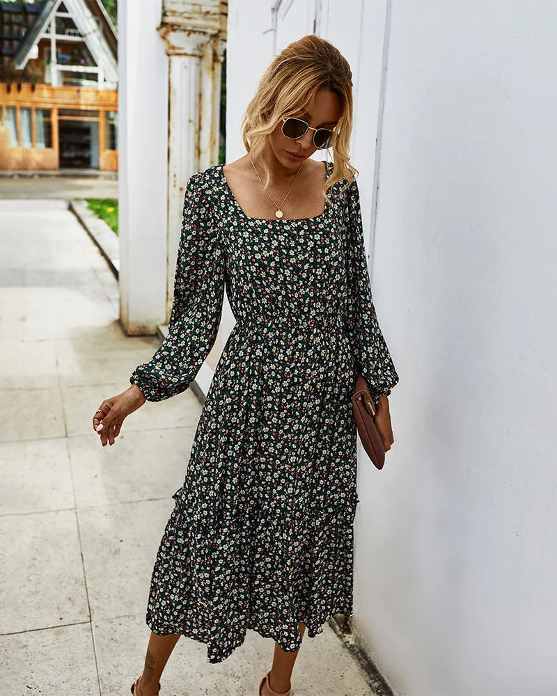 Elegant Retro Square Collar Floral Midi Dresses
