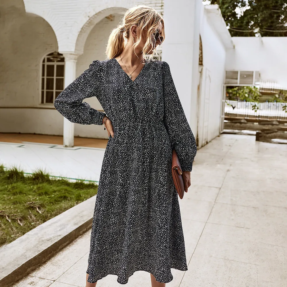 Elegant Retro V-neck Polka dot Floral Maxi Midi Dresses