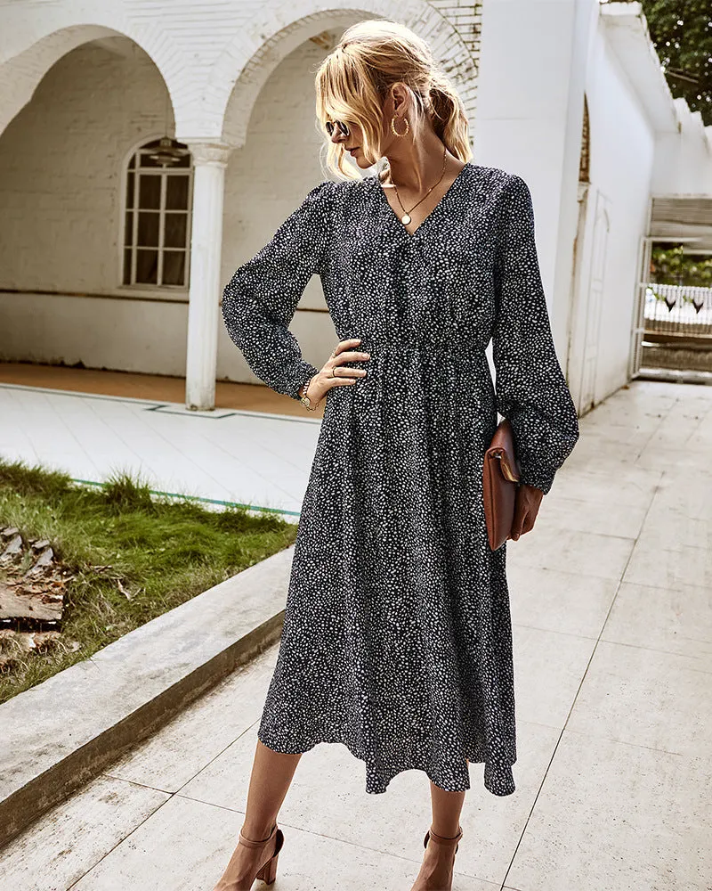 Elegant Retro V-neck Polka dot Floral Maxi Midi Dresses