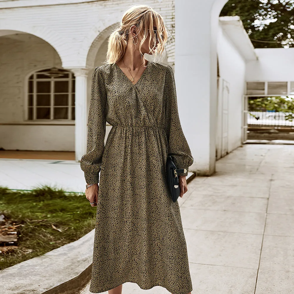 Elegant Retro V-neck Polka dot Floral Maxi Midi Dresses