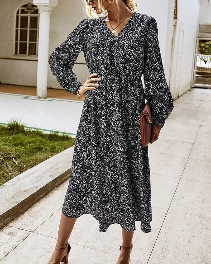 Elegant Retro V-neck Polka dot Floral Maxi Midi Dresses