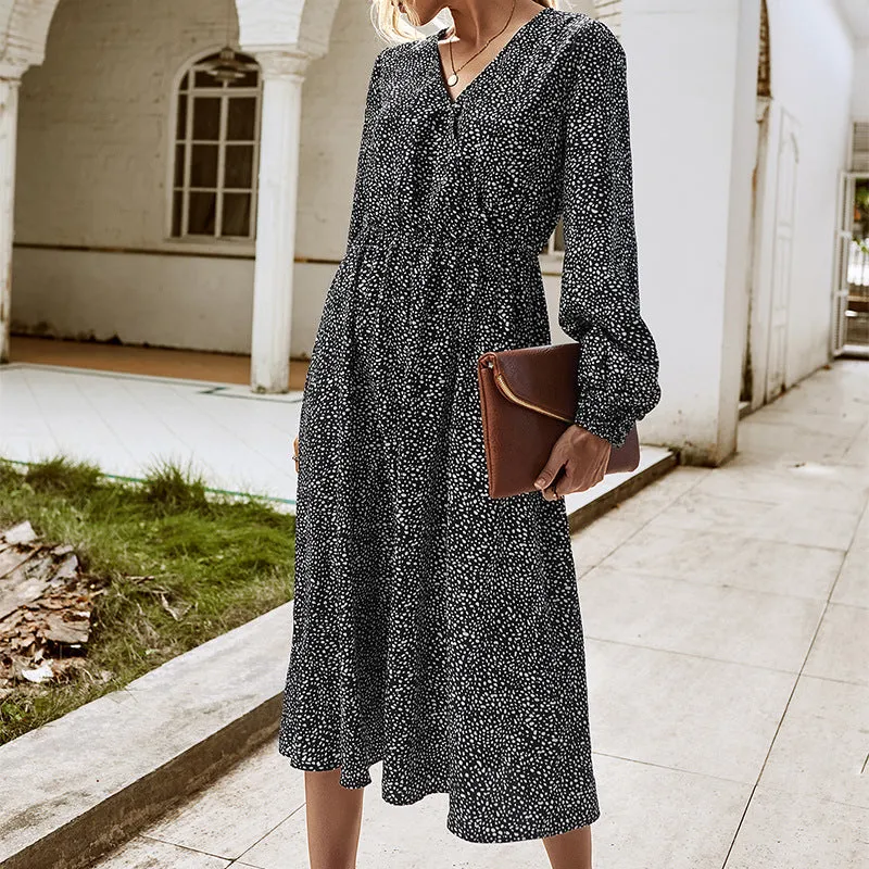 Elegant Retro V-neck Polka dot Floral Maxi Midi Dresses