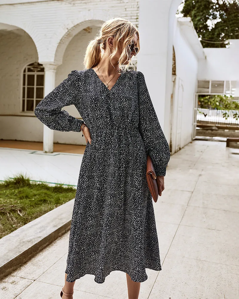 Elegant Retro V-neck Polka dot Floral Maxi Midi Dresses