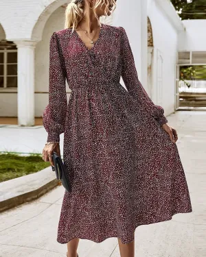 Elegant Retro V-neck Polka dot Floral Maxi Midi Dresses
