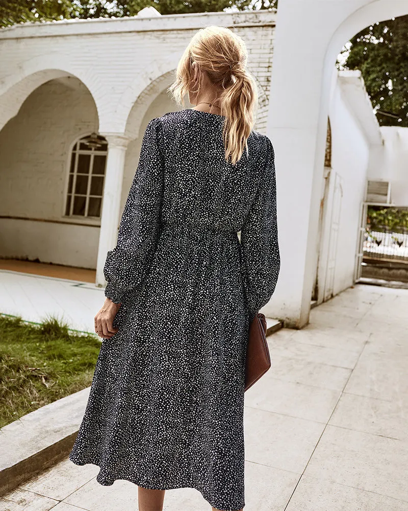 Elegant Retro V-neck Polka dot Floral Maxi Midi Dresses