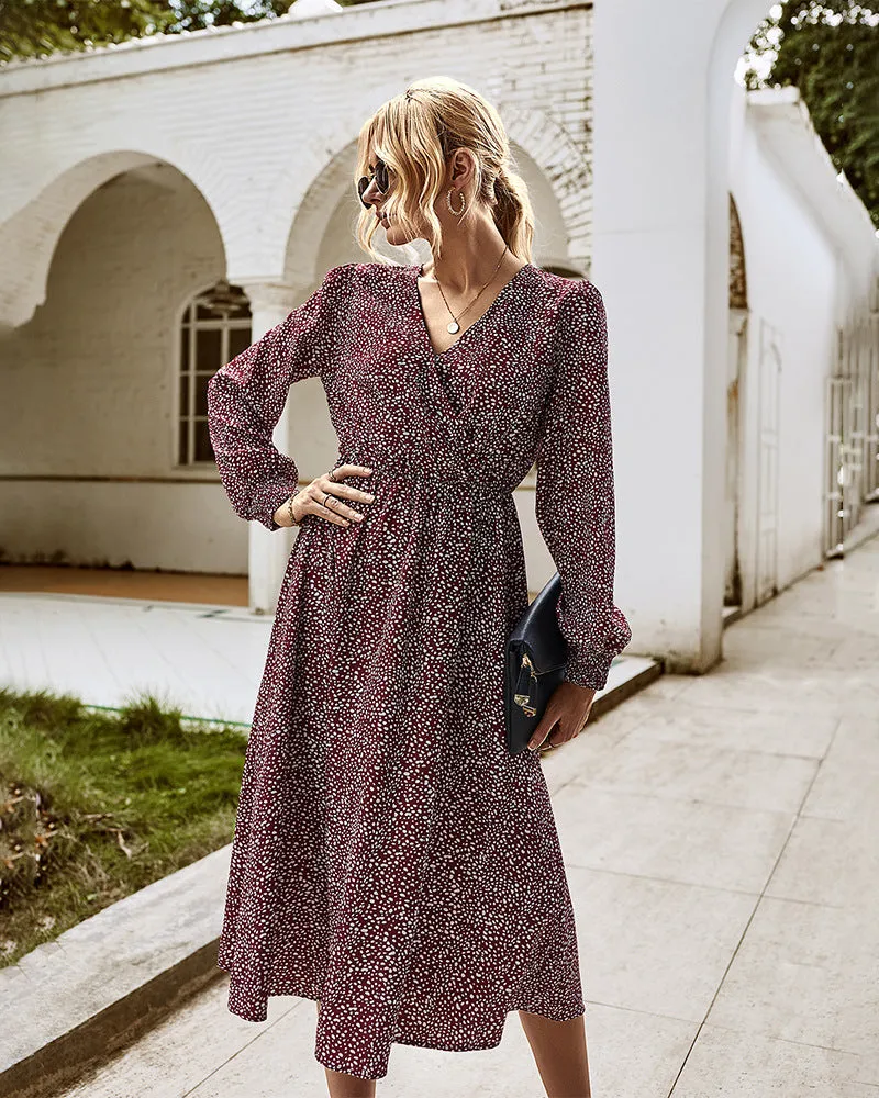 Elegant Retro V-neck Polka dot Floral Maxi Midi Dresses