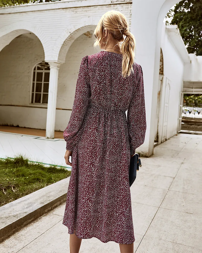 Elegant Retro V-neck Polka dot Floral Maxi Midi Dresses