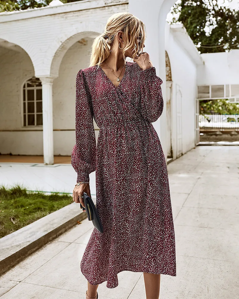 Elegant Retro V-neck Polka dot Floral Maxi Midi Dresses