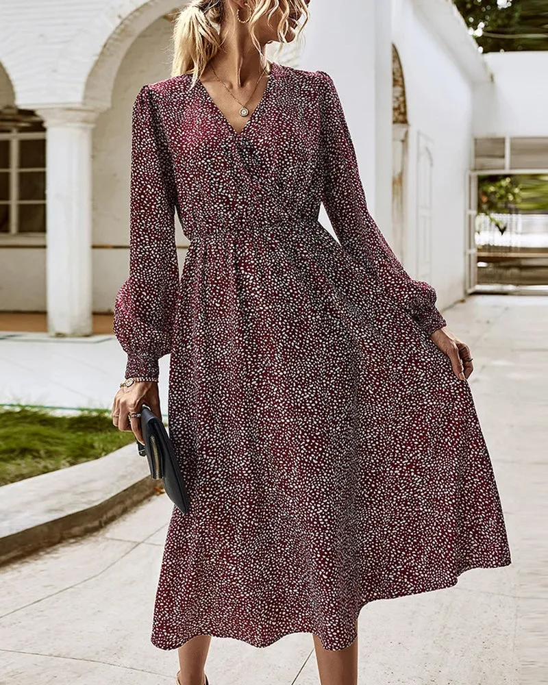 Elegant Retro V-neck Polka dot Floral Maxi Midi Dresses