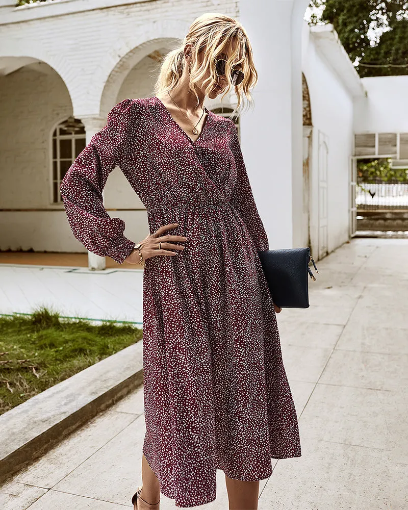 Elegant Retro V-neck Polka dot Floral Maxi Midi Dresses