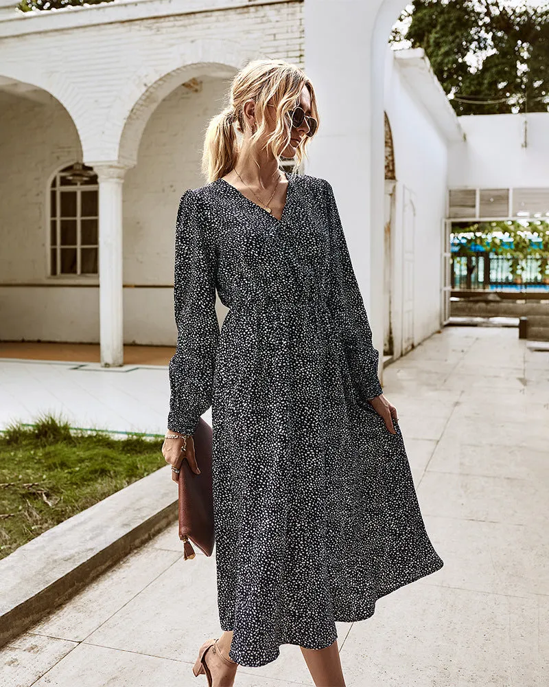 Elegant Retro V-neck Polka dot Floral Maxi Midi Dresses