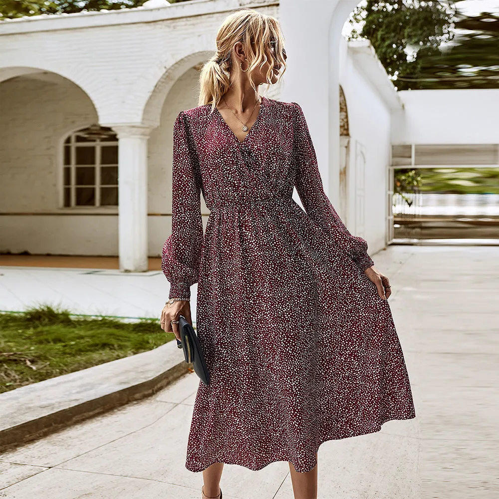 Elegant Retro V-neck Polka dot Floral Maxi Midi Dresses