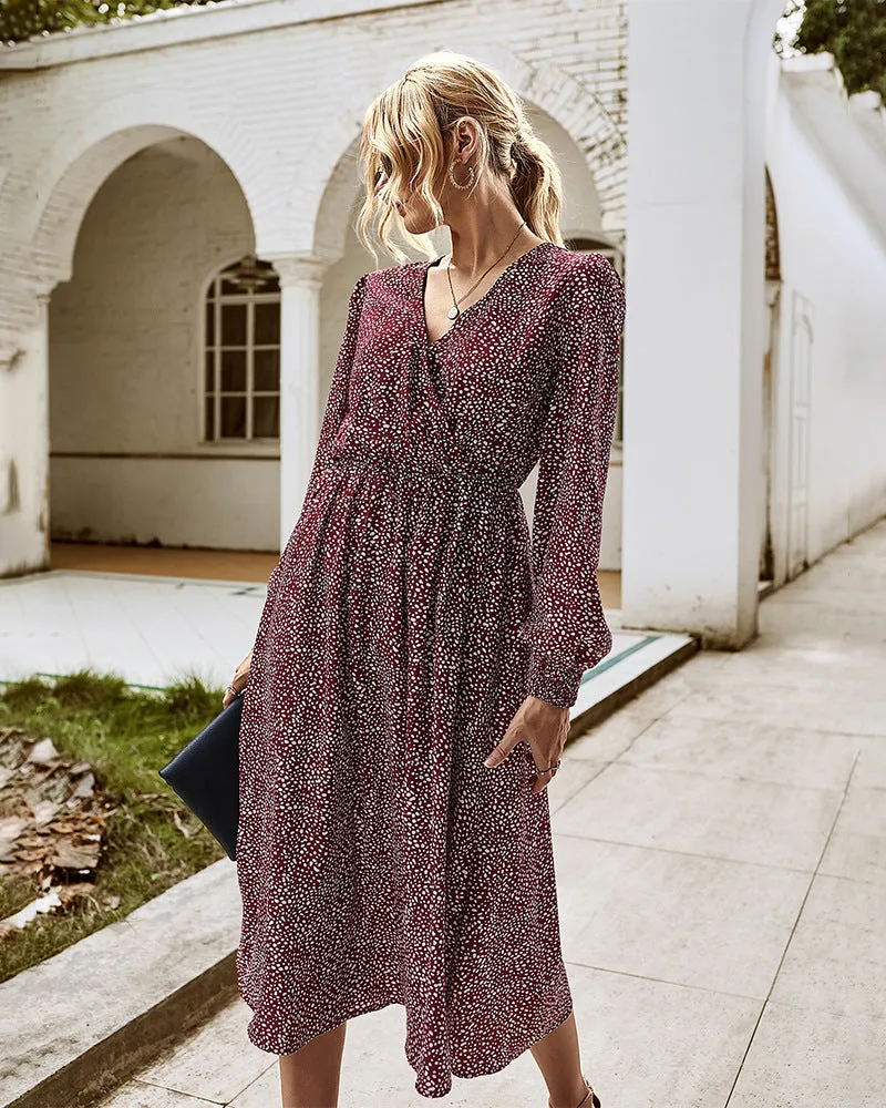 Elegant Retro V-neck Polka dot Floral Maxi Midi Dresses