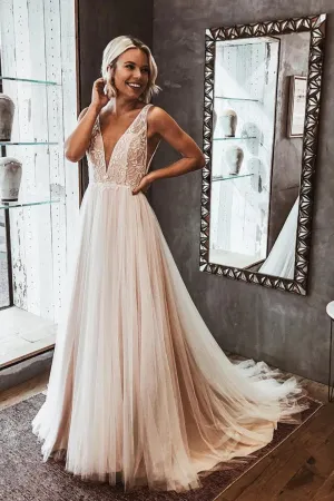 Elegant V-neck Open Back Lace Wedding Dresses, Simple Wedding Dresses,MW411