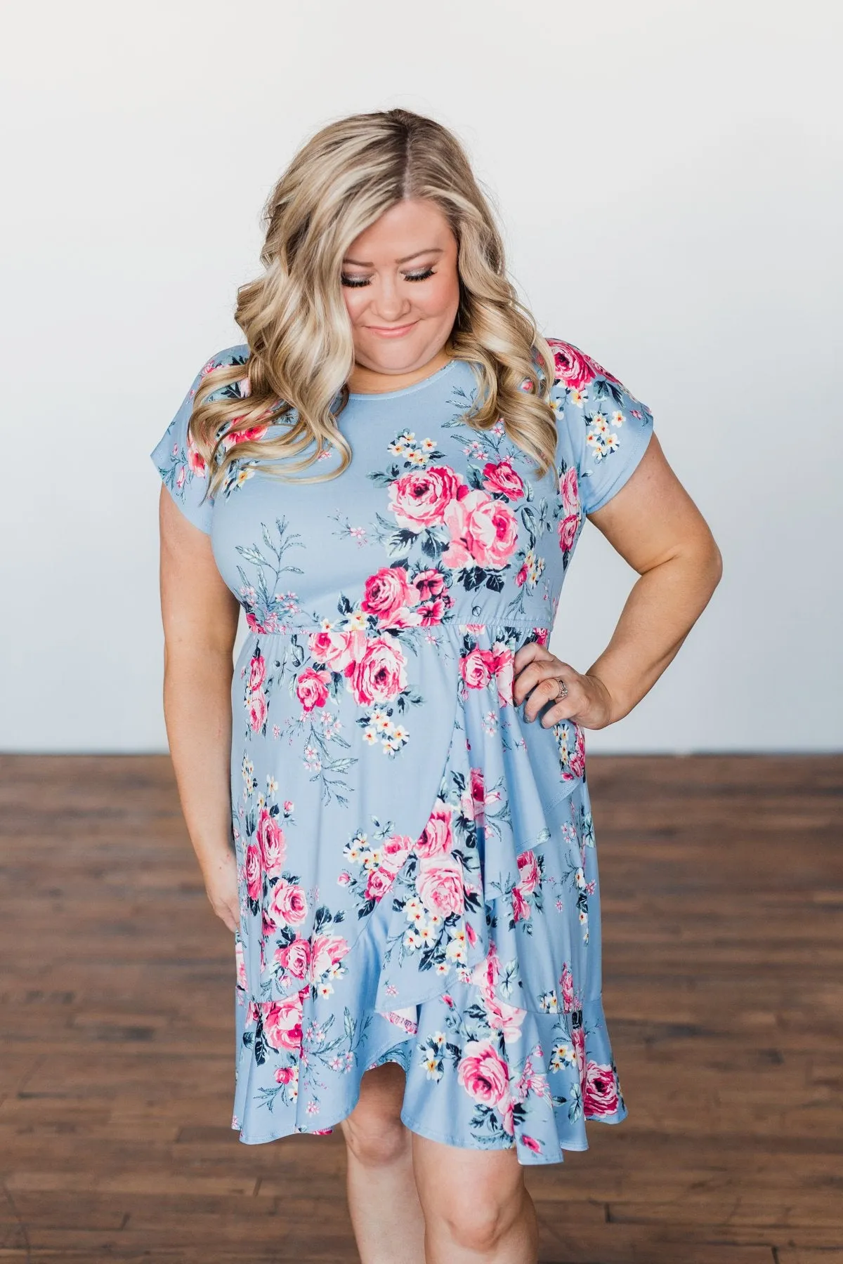 Enchanted Gardens Floral & Ruffle Dress- Baby Blue