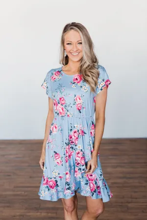 Enchanted Gardens Floral & Ruffle Dress- Baby Blue