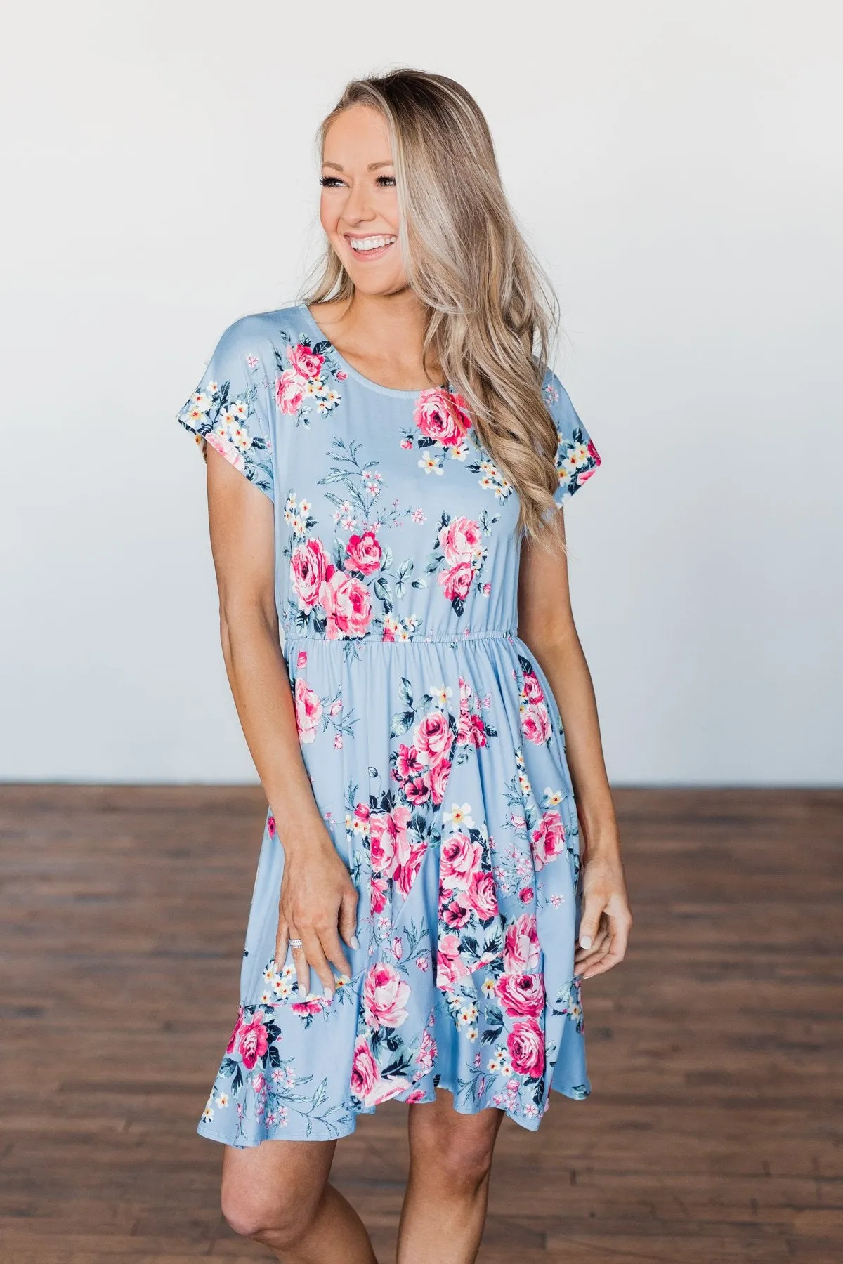Enchanted Gardens Floral & Ruffle Dress- Baby Blue