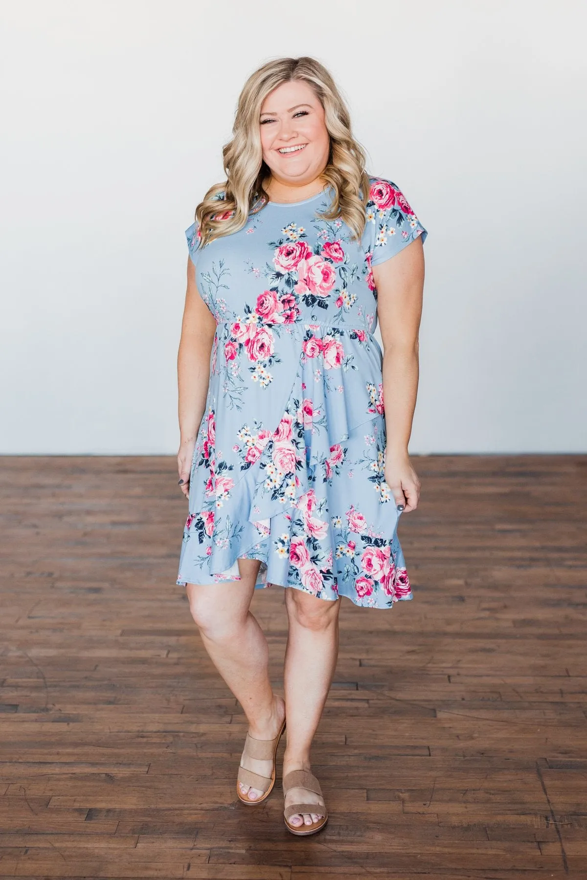 Enchanted Gardens Floral & Ruffle Dress- Baby Blue