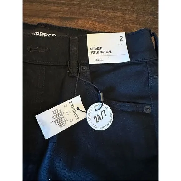 Express original super high waist straight leg jeans in black.
