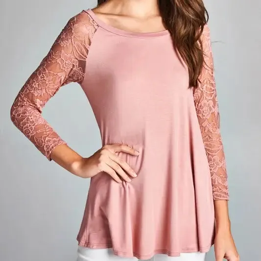 Floral Color Lace Tunic Top-Mauve