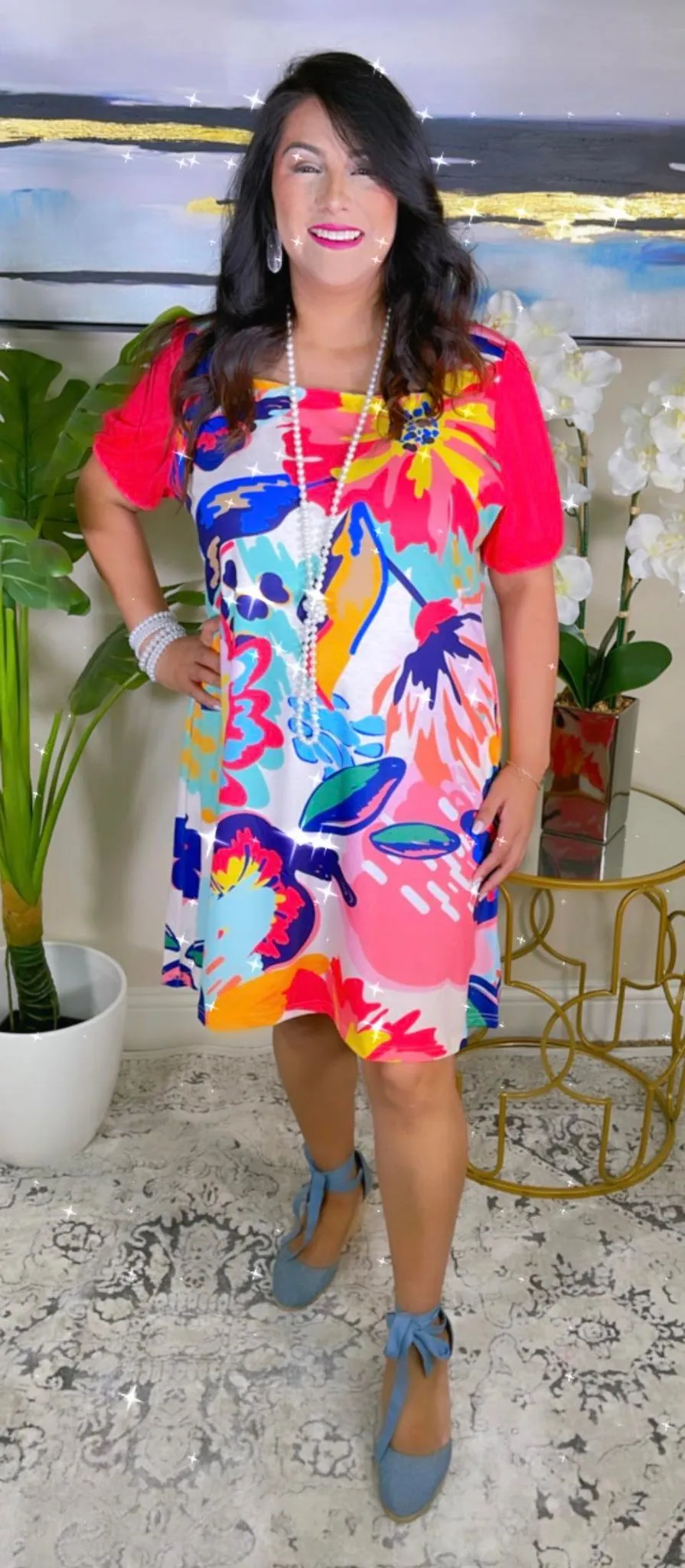 Floral Dress with Pink Short Sleeves