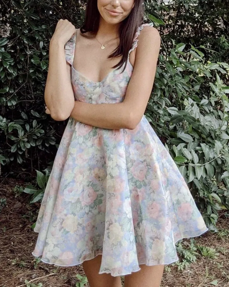 Floral Fungus Strap Suspender Casual Mini Dresses