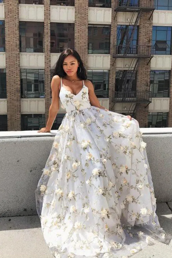 Floral Lace Beautiful Spaghetti Straps Long Prom Dress Evening Dress, MP438