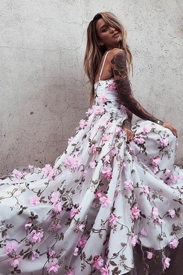 Floral Lace Beautiful Spaghetti Straps Long Prom Dress Evening Dress, MP438