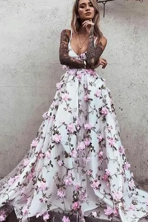 Floral Lace Beautiful Spaghetti Straps Long Prom Dress Evening Dress, MP438