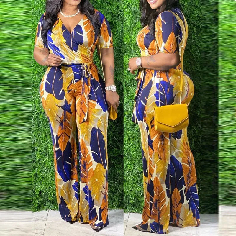 Floral Pattern V-Neck Short Sleeve Jumpsuit