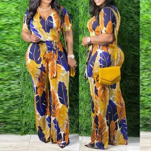 Floral Pattern V-Neck Short Sleeve Jumpsuit