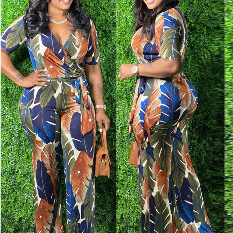 Floral Pattern V-Neck Short Sleeve Jumpsuit