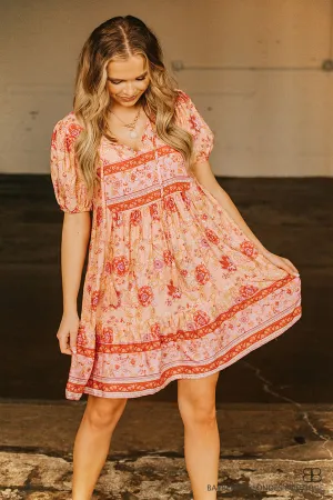 Floral Ruffled Dress -Peach and Pink