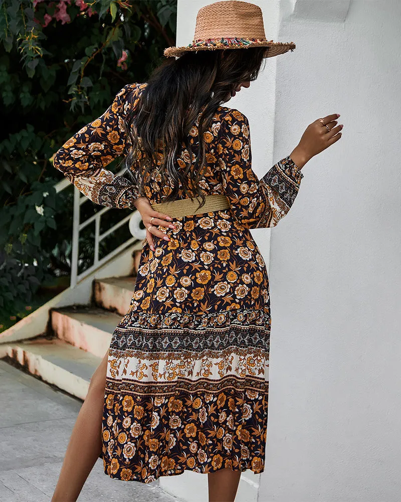 Floral V-neck Lace Slit Leg Maxi Midi Dresses