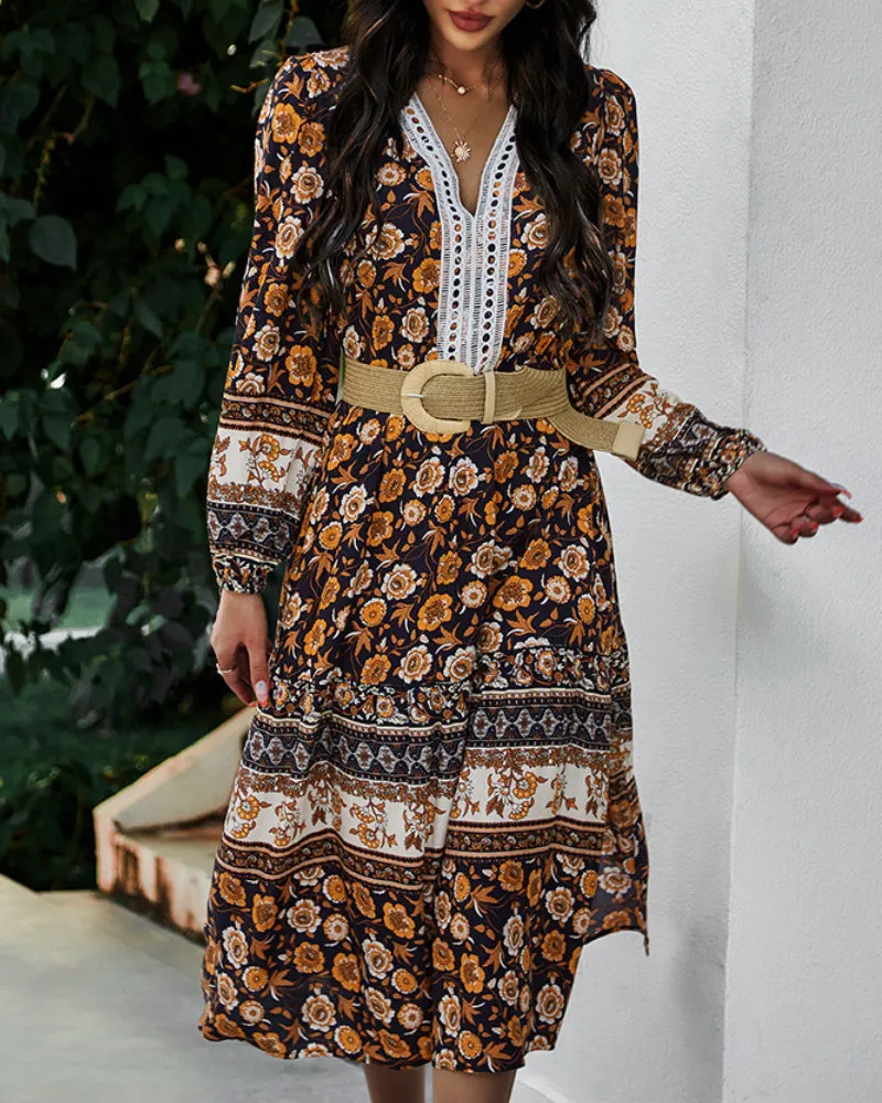 Floral V-neck Lace Slit Leg Maxi Midi Dresses