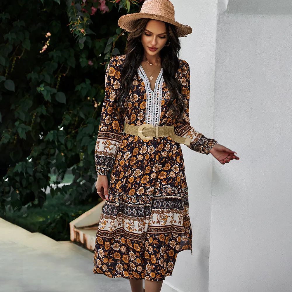 Floral V-neck Lace Slit Leg Maxi Midi Dresses