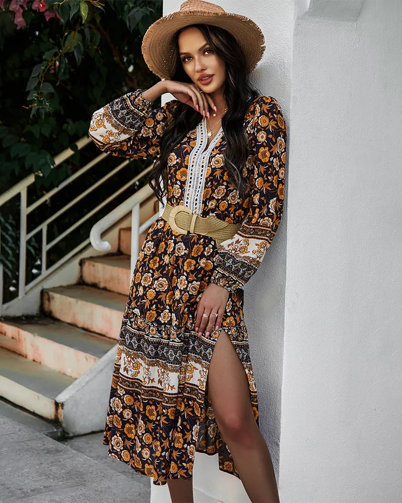 Floral V-neck Lace Slit Leg Maxi Midi Dresses
