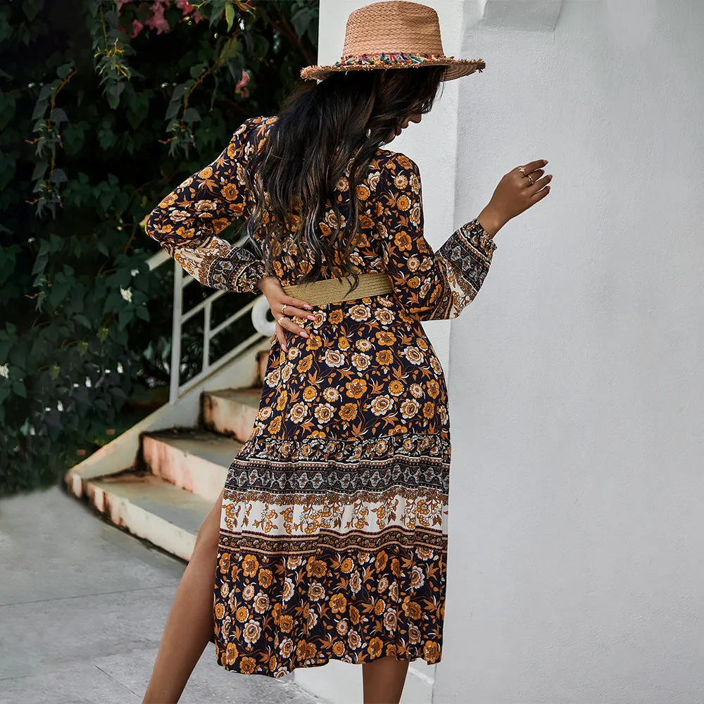 Floral V-neck Lace Slit Leg Maxi Midi Dresses