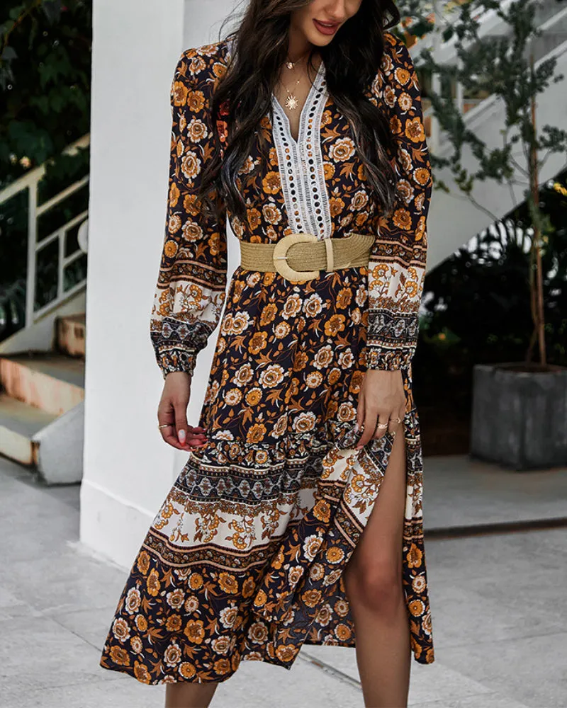 Floral V-neck Lace Slit Leg Maxi Midi Dresses