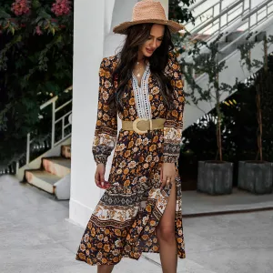Floral V-neck Lace Slit Leg Maxi Midi Dresses