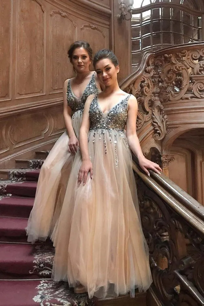 Formal Spaghetti Straps A-line V-Neck Tulle Beading Prom Dresses,MP455
