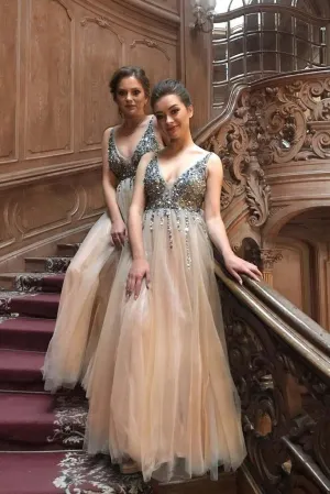 Formal Spaghetti Straps A-line V-Neck Tulle Beading Prom Dresses,MP455