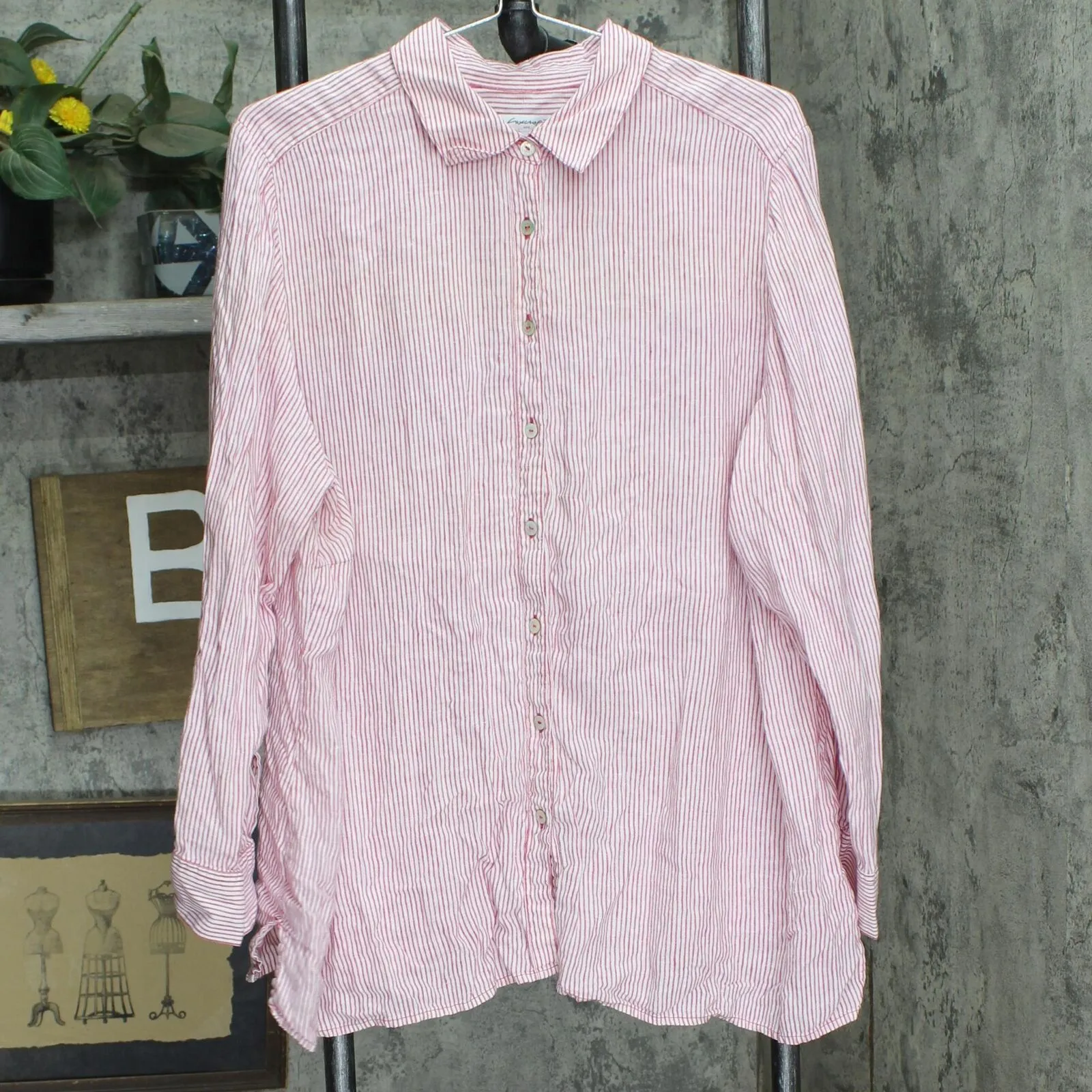 Fox Craft Womens Linen Striped Plus Size Button Up Shirt Red / White Stripes 20W