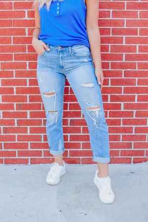 Frankie Mid-Rise Distressed Jeans - Med. Wash
