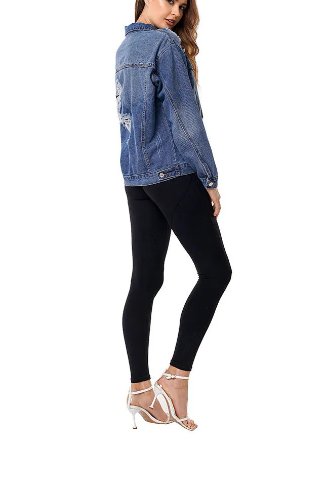 Frayed Hole Loose Fashion Denim Jacket Female