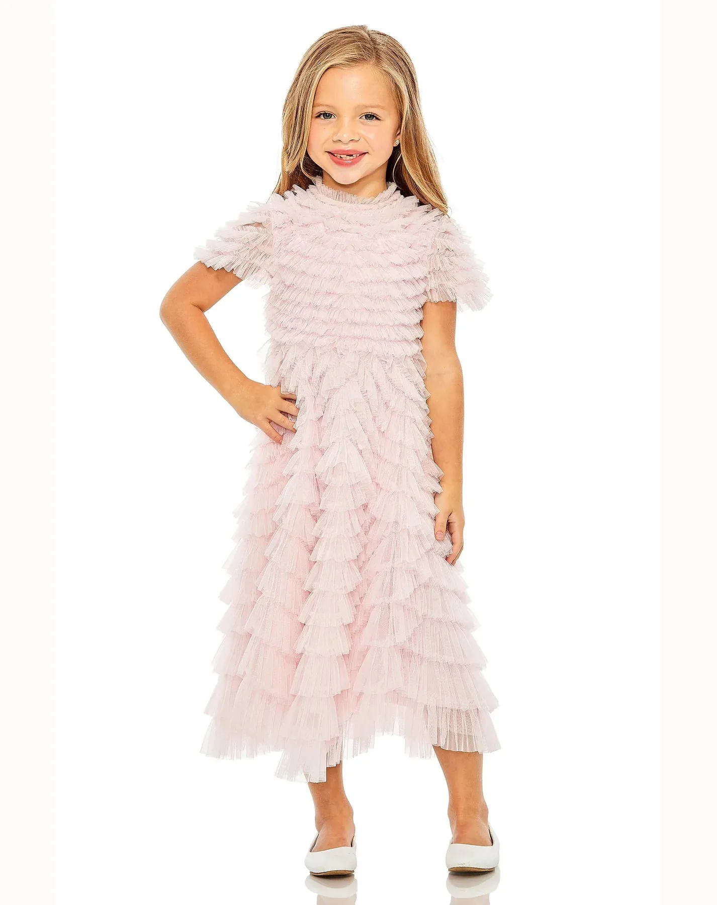 GIRLS RUFFLE TIERED SHORT SLEEVE A LINE DRESS