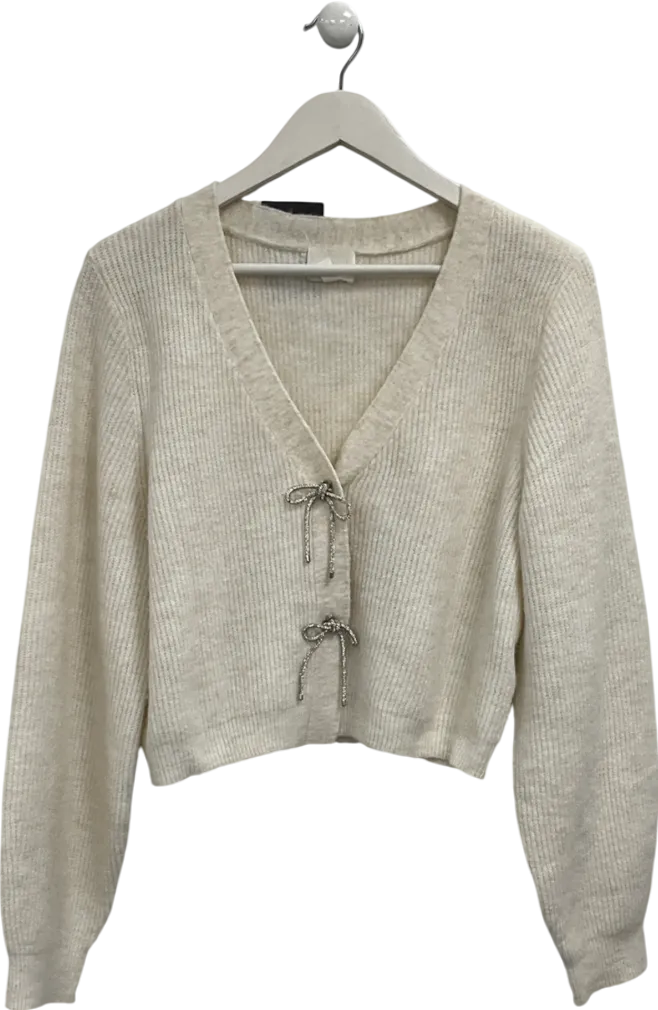 H&M White Rhinestone-bow Rib-knit Cardigan UK M