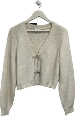 H&M White Rhinestone-bow Rib-knit Cardigan UK M