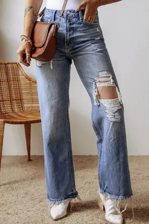 Hazel Blues® |  Distressed Straight Leg Jeans with Pockets